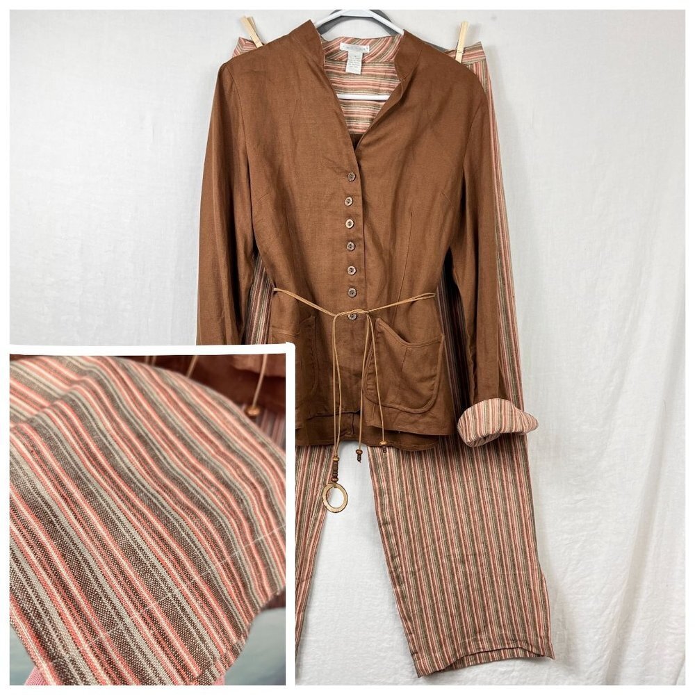 Tweeds 100% Linen Wide Leg Pant Jacket Set Women 12 Minimalist Lagenlook Neutral